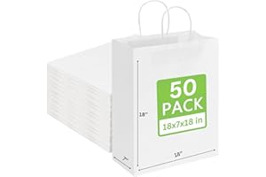 JET PAPER BAGS - 18x7x18 Inch [50 Pcs] Large White Paper Bags with Handles Ideal for Takeout, Grocery, Goody, Retail, Party, Gifts, Weddings - Recyclable Kraft Paper Gift Bags with Handles