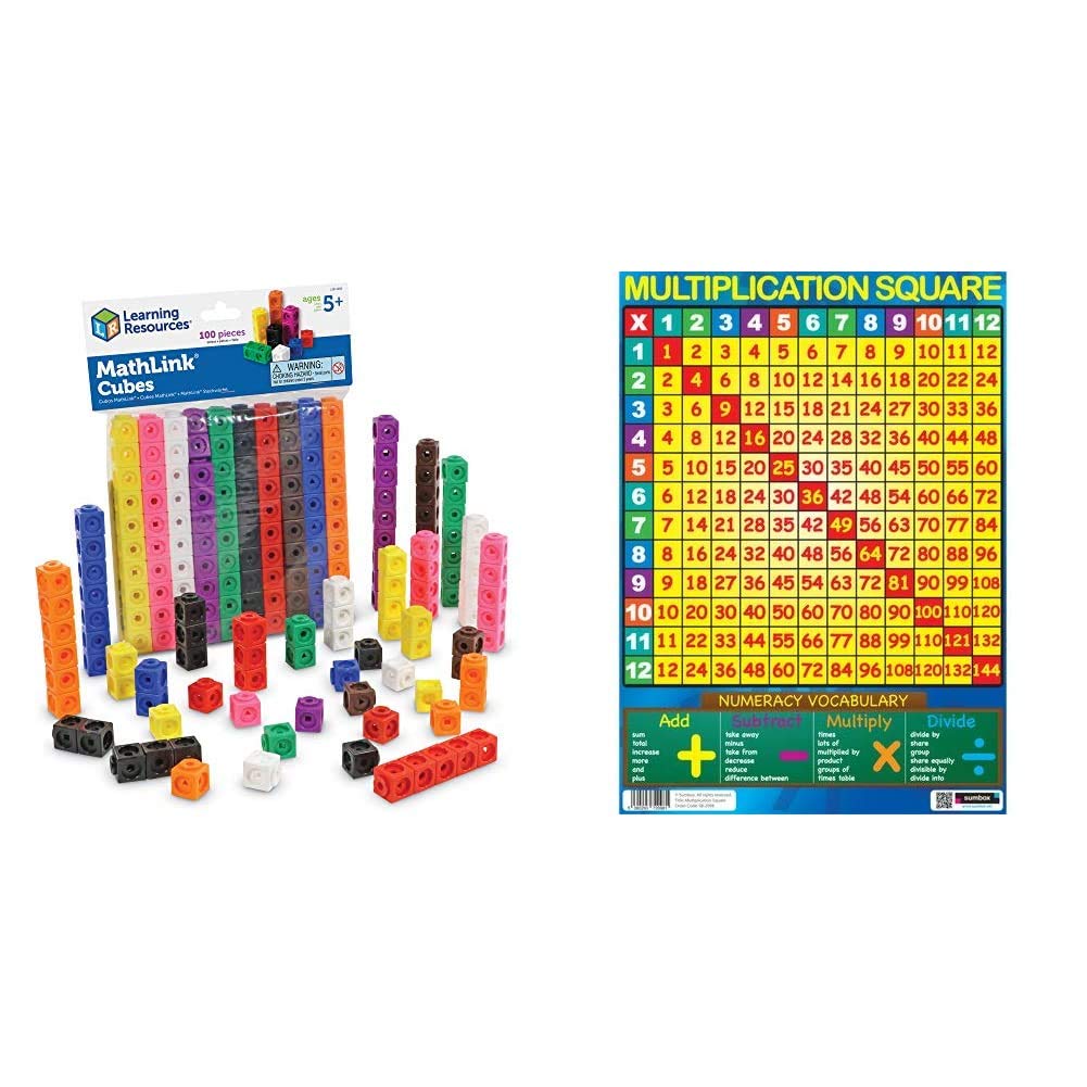 Learning Resources Mathlink Cubes (Set of 100) & Sumbox Multiplication Square Educational Times Tables Maths Poster