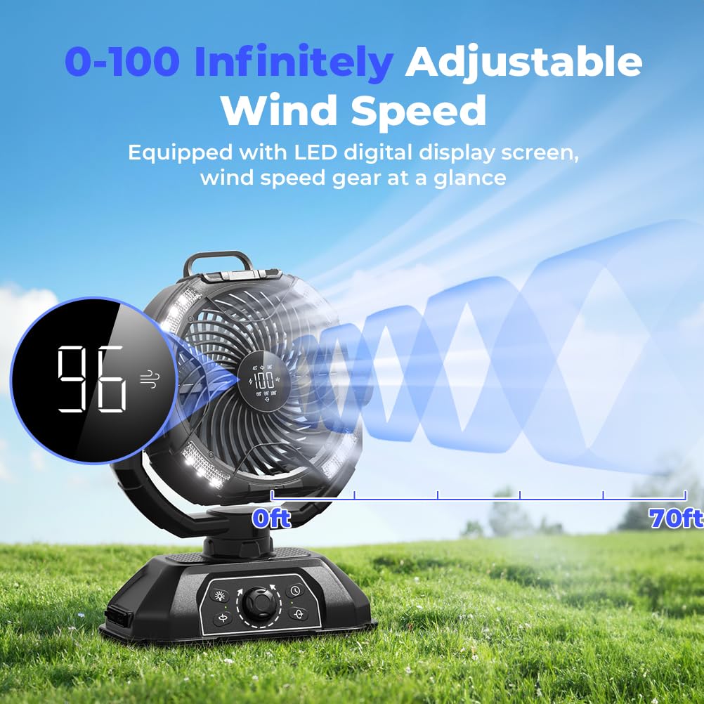Rechargeable Camping Fan 30000mAh with RGB Lantern, 0-100 Wind Speeds Portable Battery Operated Oscillating with LED Display, 360° Airflow Tent Beach Cordless Travel Fans for Outdoor Home Office