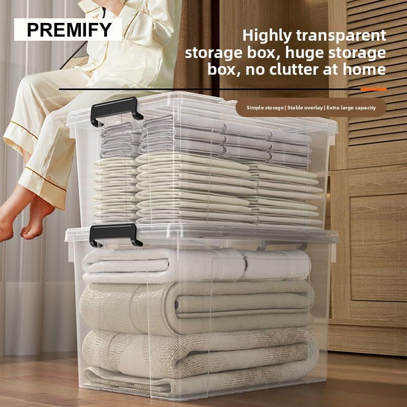 Premify 2 Pack Storage Boxes 100L Large Clear Strong Plastic Storage Box with Lid – Transparent Organizer Bin for Clothes, Toys, Food, Kitchen, Wardrobe, Garage & Home Use