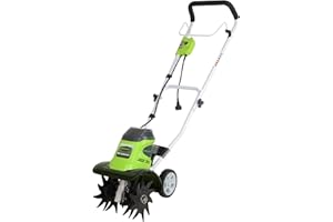 Greenworks 8 Amp Electric 10-Inch Tiller, 27072, Green, Adjustable Width & Depth, Folding Handle, 3-Year Warranty