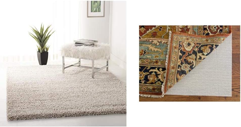 Safavieh California Premium Shag Collection SG151-1313 Area Rug, 8' x 10', Beige & Padding Collection PAD121 White Area Rug, 8 feet by 10 feet (8' x 10')