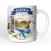 OrnamentallyYou State Travel Landmark Mugs &ndash; 12 oz Ceramic Coffee Cups, U.S. Souvenir Gift for Tourists (Artistic Alaska State Themes and Landmarks Mug)