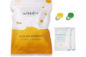 WISEDRY 5 Gram [60 Packs] Food Grade Silica Gel Packets with Color Indicating Beads Reusable Desiccant Packs for Storage, Rechargeable Moisture Absorbers for Food Seeds Snacks Spices Jewelry Electronics