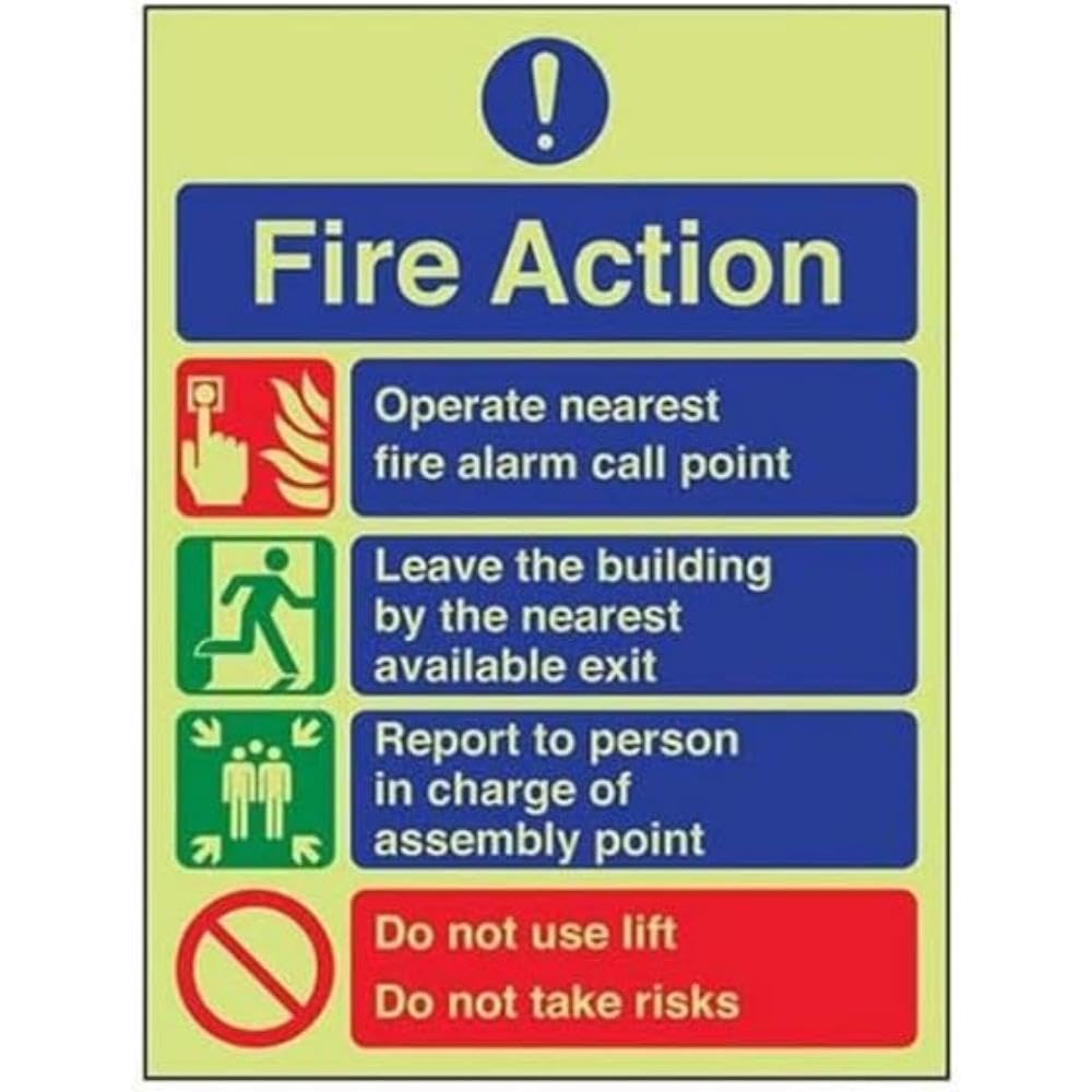 VSafety Glow In The Dark General Fire Action Prohibition/Do Not Use Lift Fire Action Notice Sign - 300mm x 400mm - Self Adhesive Vinyl