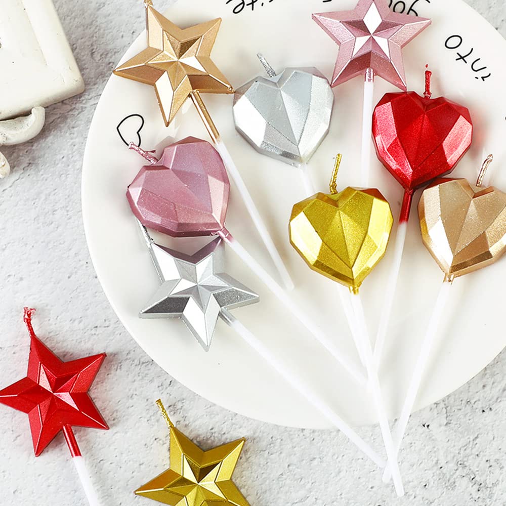 Saododku Gold Birthday Candles,5 Pack Metallic Colors Geometric Heart-Shaped Cake Candles for Birthday Cakes