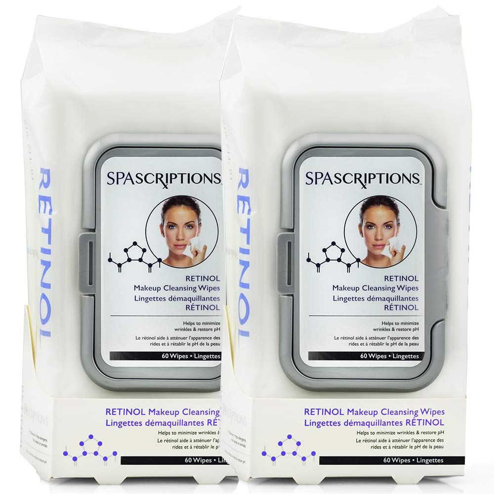 SpaScriptions Retinol Face Wipes - Facial Cleansing Wipes - Makeup Remover Wipes (60 Wipes) (2 Pack (120 Wipes))
