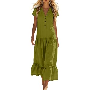 Beessbest Womens Cotton Dresses Casual Button Up Shirt Dress Summer Cap Sleeve Dress Ruffled Pleated Dresses Beach Clothes