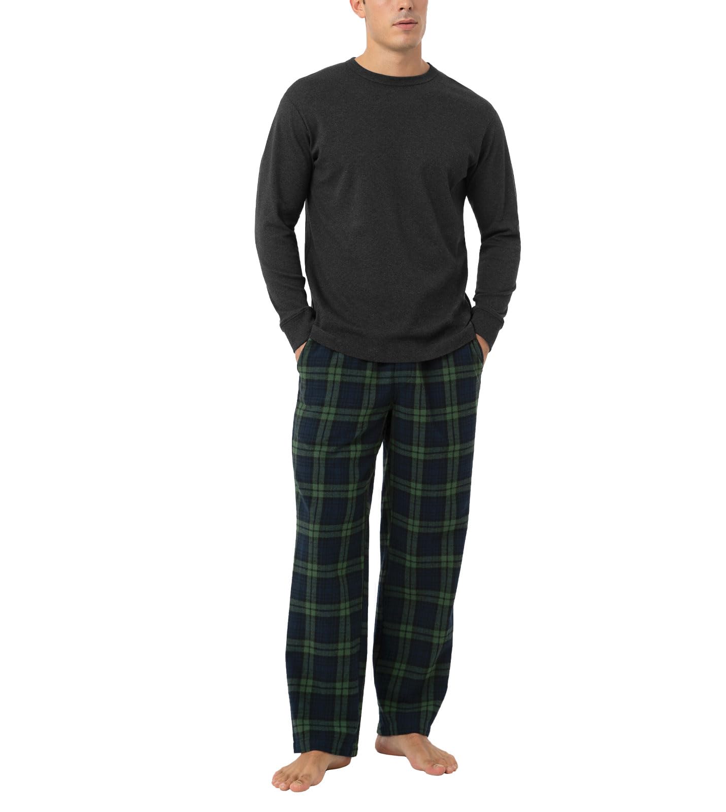 Photo 1 of LAPASA Men's Pajama Set 100% Cotton Flannel Top Long Sleeve & Bottom Pants Plaid Sleepwear PJ Sleepwear Lounge Comfy M79 Large (Cotton Top+flannel Bottom) Green&navy Plaid