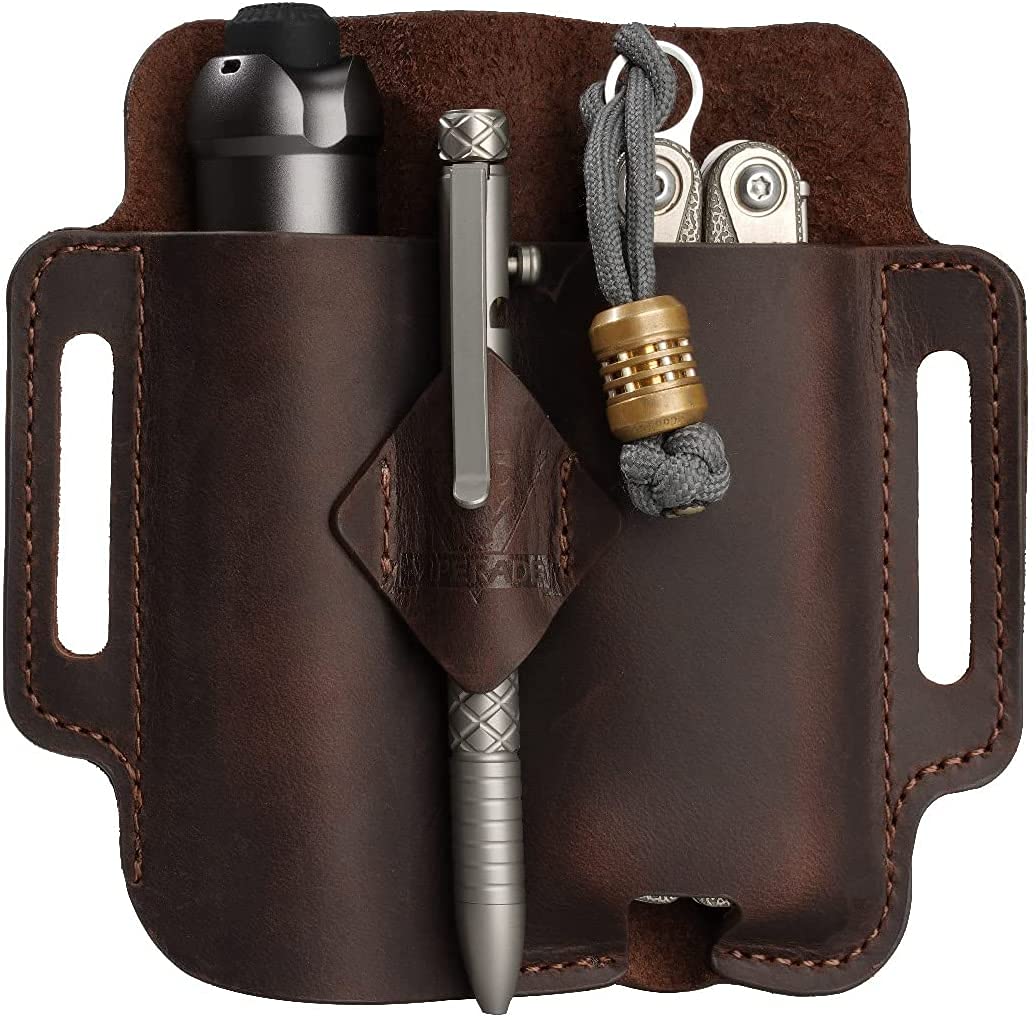 VIPERADE PJ19 Multitool Sheath EDC Belt Organizer Hademade 2 Pockets Belt Leather Sheath for Men/Knife/Tool/Flashlight/Tactical Pen, Pocket EDC Organizer Leather Sheath (Brown-PJ19)