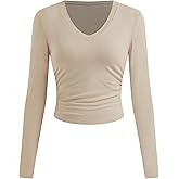 CIDER Long Sleeve Tops for Women V Neck Crop Top Ruched Basic Fall Tops Casual Fitted Tee Shirt