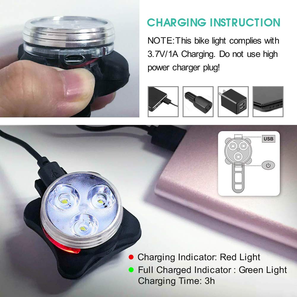 USB Rechargeable Bike Light Set, Super Bright Front Headlight and Rear LED Bicycle Light, 4 Light Mode Options, Water Resistant IPX4(2 USB Cables and 2 Strap Included)