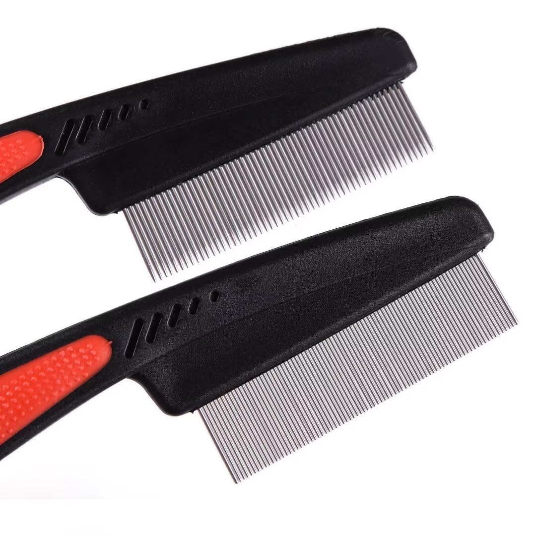 Photo 1 of Iluadme 2 Pieces Fine Tooth and Wide Tooth Dog Grooming Comb - Rubber Handle Hair Comb for Small Dogs & Cats with Flea and Tick Removal (2PCS, Black Red)