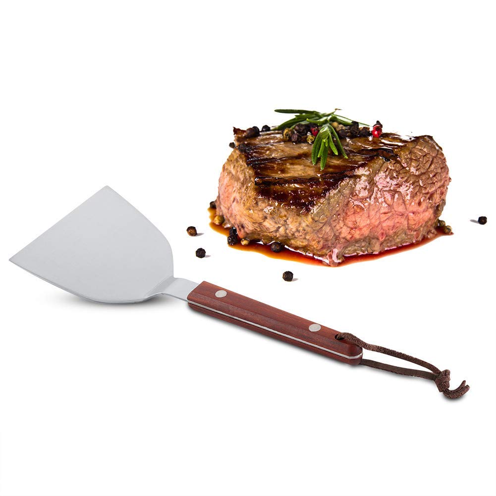 Kitchen Steak Frying Fried Shovel Spatula Stainless Steel Cooking Pancake Teppanyaki Barbecue Shovel Wooden Handle Grill Turner
