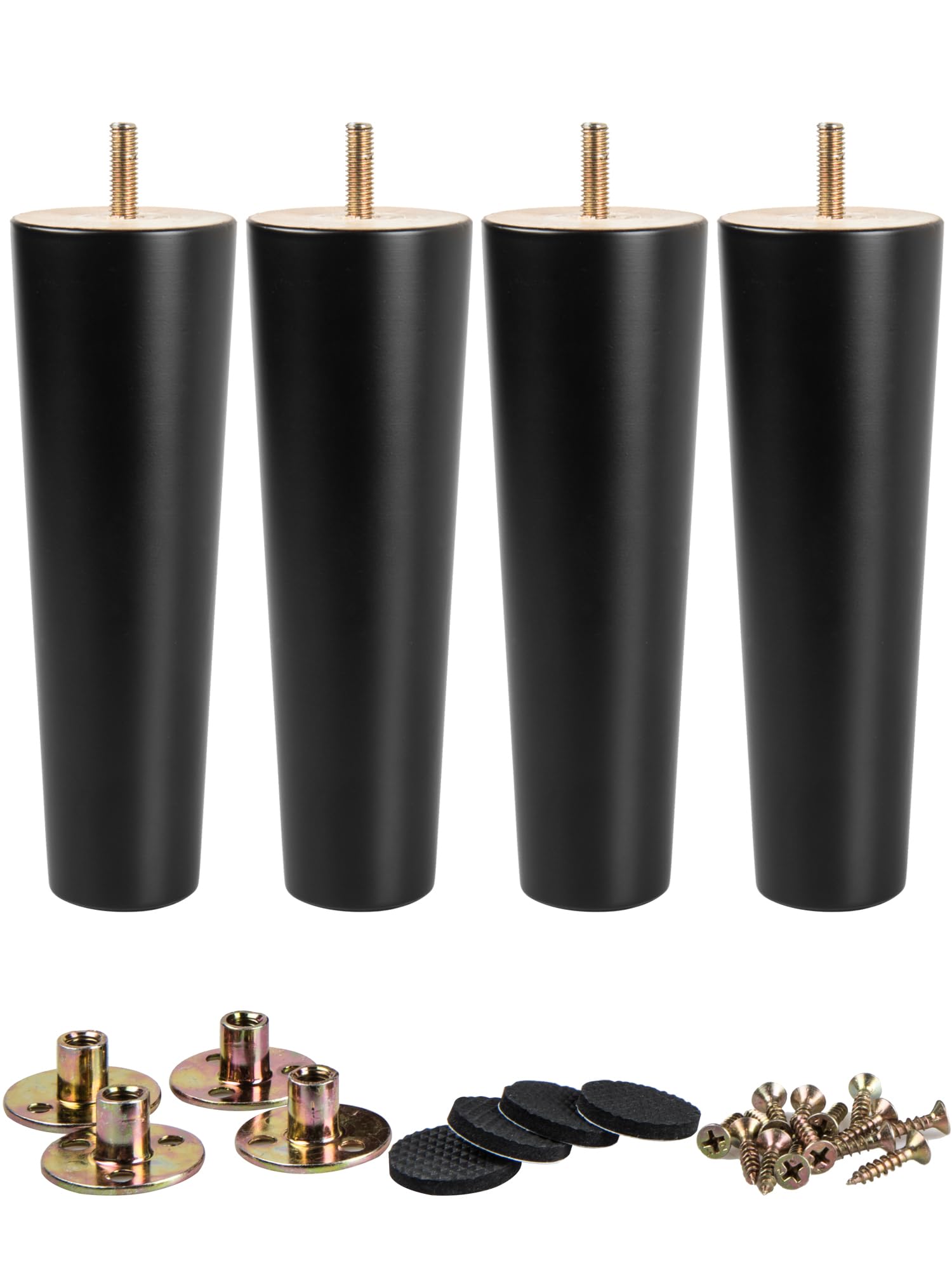 La Vane 6 inch / 15cm Wooden Furniture Legs, Set of 4 Black Solid Wood Tapered M8 Furniture Replacement Feet with Pre-Drilled 5/16 Inch Bolt & Mounting Plate & Screws for Sofa Chair Couch Ottoman