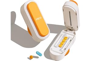 VILOSA Pill Cutter Splitter for Small and Tiny Larger Pills. |ONE Button Easy Push Accurately Cuts Multiple Pills at Once. Sharp Blade with Safety Guard. Non-Slip Silicone Edge (Orange)