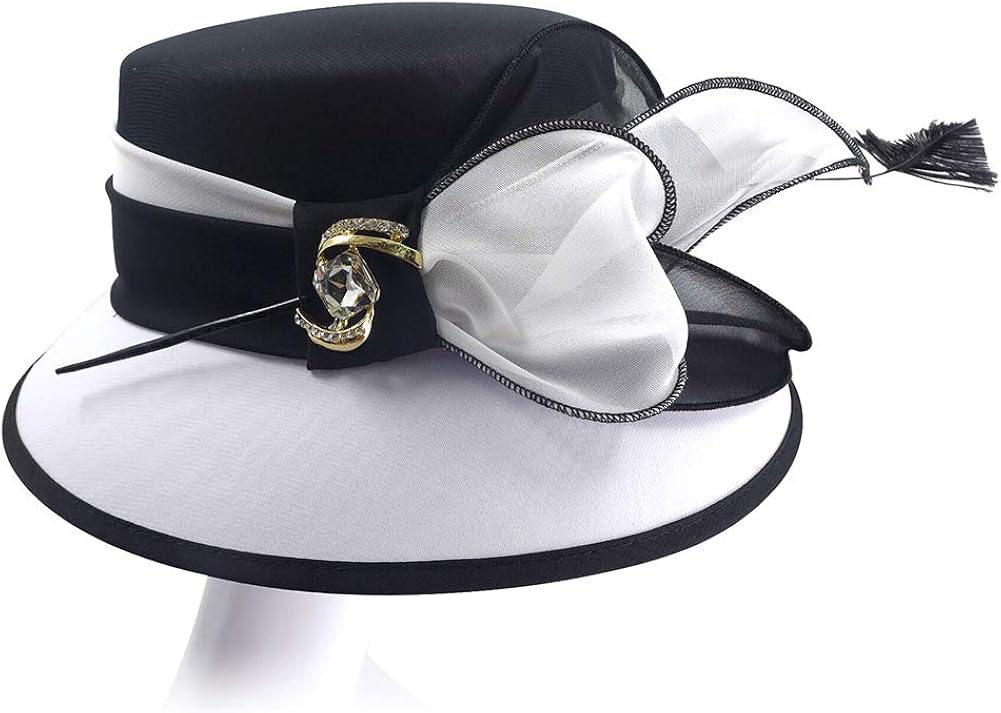 June's Young Women Church Hats Formal Dress Derby Hats with Feather Elegant Bucket Hats (Black/White) at  Women’s Clothing store
