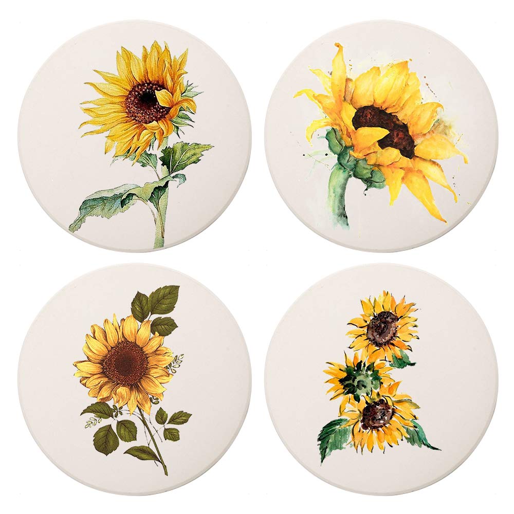 MAYCARI Art Sunflower Coasters Set of 4 with Cork Base Protection, Personalised Round Drink Absorbent Stone Coasters Mug Set Sunflower Gift for Kinds of Mugs and Cups — image 1