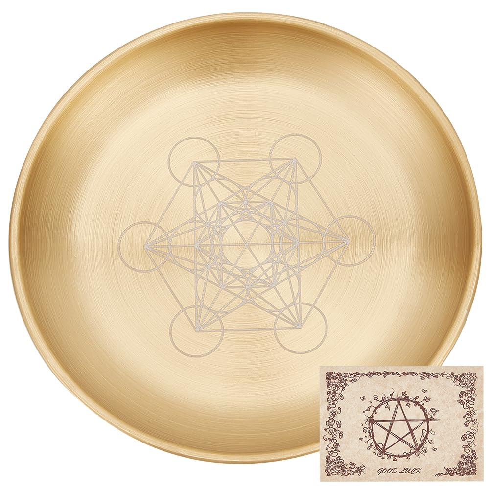 CREATCABIN Hexagram Tarot Altar Plate Ritual Burning Candle Holder Aromatherapy Tray Bowls Offering Incense Ceremony Plate with Altar Card Home Decor for Witchcraft Wiccan Wedding Golden 5.55 Inch