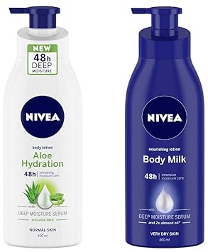 Nivea Aloe Hydration Body Lotion, 400Ml, With Deep Mpisture Serum And Aloe Vera For Normal Skin And Nivea Nourishing Lotion Body Milk With Deep Moisture Serum And 2X Almond Oil For Very Dry Skin, 400M