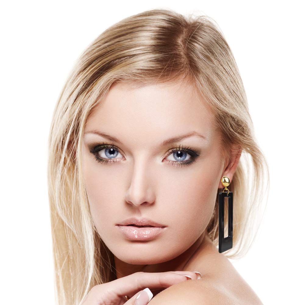 Acrylic Earrings for Women Resin Marble Texture Geometric Rectangle Gold Plated Pendant Earrings(Black)