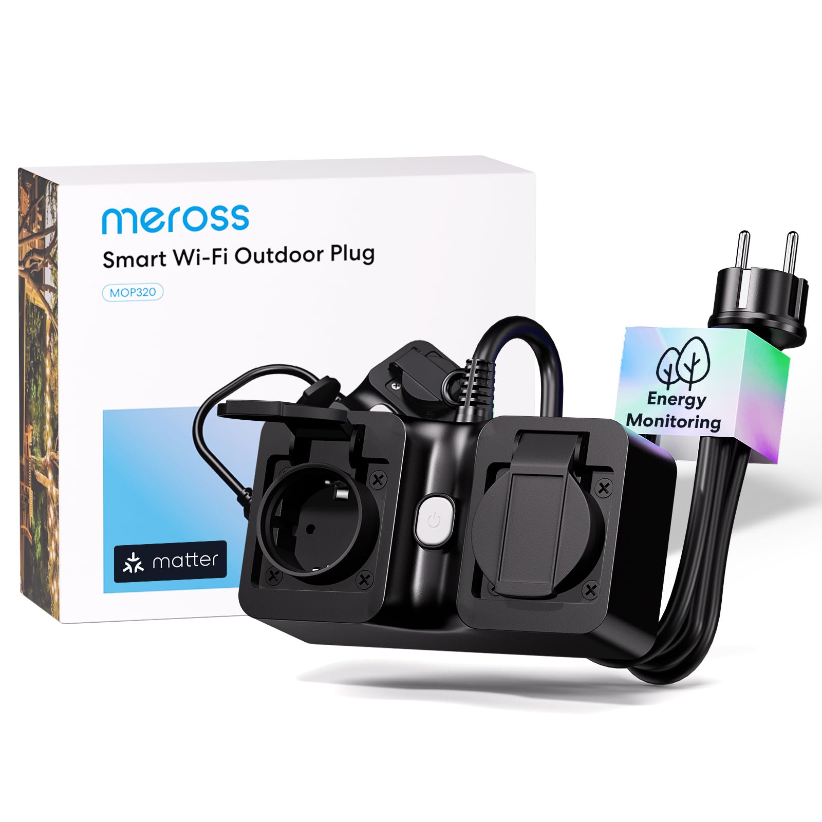 Meross Matter WLAN Steckdose Outdoor mit Strommessung, Smart Steckdose Stromzähler für Balkonkraftwerk Außensteckdose Wasserdicht IP44, funktioniert mit HomeKit, Alexa und Google, 16A 1,5m