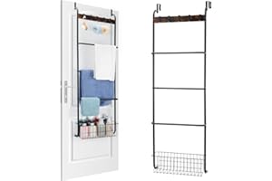 SHINOSKE Over The Door Towel Racks for Bathroom,5-Tier Door Towel Holder with Hooks and Basket,Over The Door Towel Bar Hanger Organizer for Bathroom Bedroom Accessories, Blanket Ladder for Living Room Black