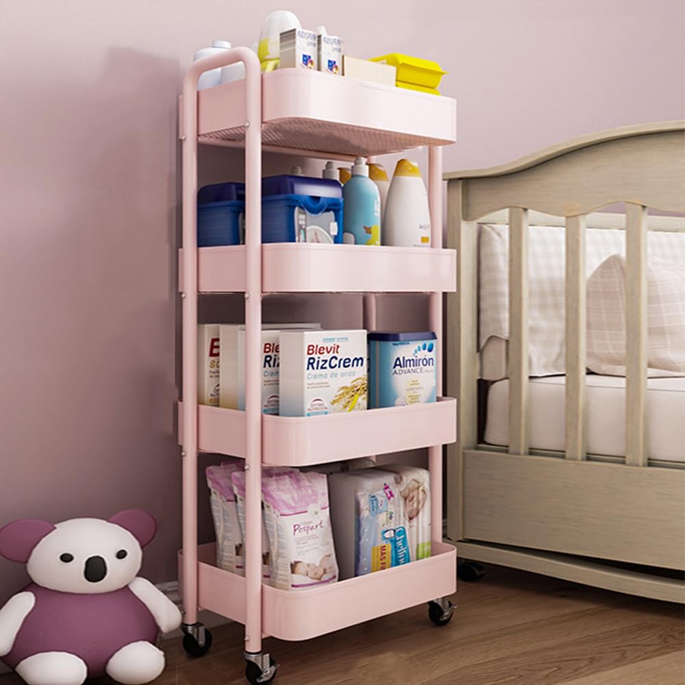 4-Tier Storage Rolling Cart Trolley Metal Mobile Shelving Organiser with 360° Swivel Wheels for Kitchen, Bedroom, Bathroom Laundry Office Multi-Purpose Rolling Organizer Trolley Shelf (White) (Pink)