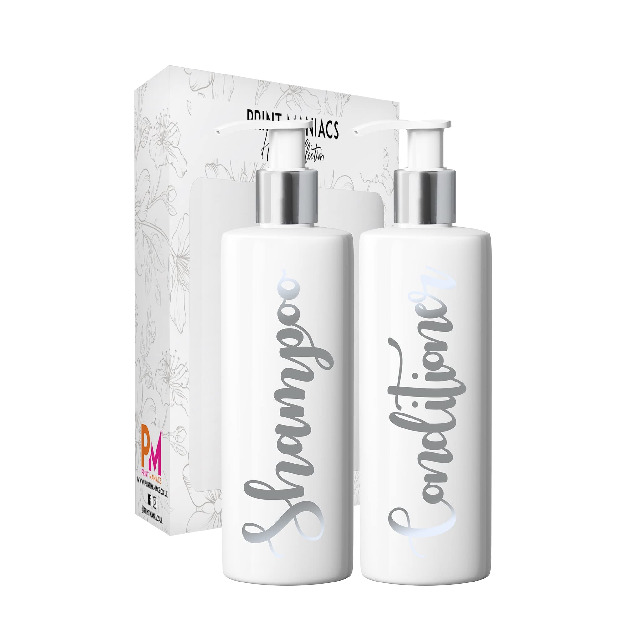 Print Maniacs 2 Set Mrs Hinch Inspired White Personalised Dispenser Pump Bottles Shampoo Conditioner (Matt Silver)