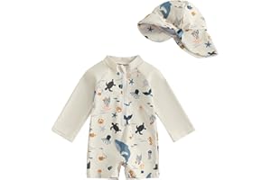 JiAmy Toddler Baby Boy Swimsuit with Sun Hat Long Sleeve Zip Up Rash Guard Sun Protection Beach One Piece Bathing Suit