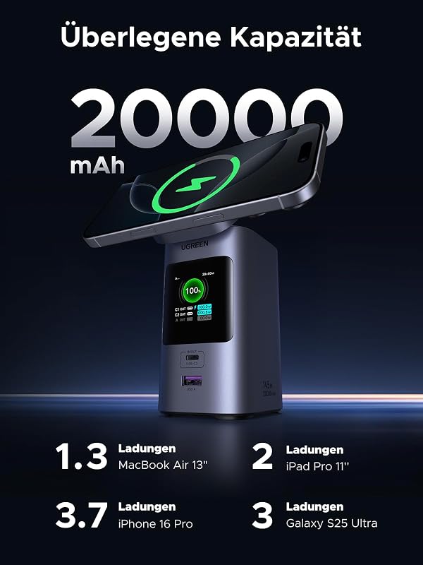 Nexode Pro Powerbank 20000mAh 145W, mit Qi2 15W kabelloses Laden — Foto 5 von 8