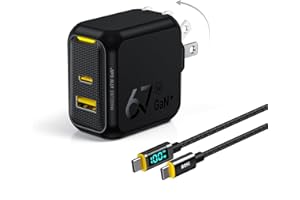 AOHI 67W USB C Charger 2 Ports Foldable GaN+ PD Fast Wall Charger Block for MacBook Pro/Air, iPhone 15 Pro Max, iPad Pro/Air, Galaxy S22, Black (4ft 100W USB C to USB C LED Display Cable Included)