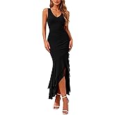 BTFBM Summer Dresses for Women 2026 Bodycon Ruched Sleeveless V Neck Solid Maxi Cocktail Wedding Guest Dress