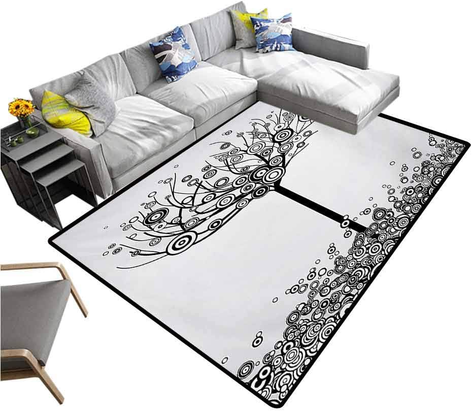Tree of Life Large Area Rugs Abstract Image Circle Leaves and Round Plants Spiral Dot Illustration Design Kids Carpet Black White (6'x9')