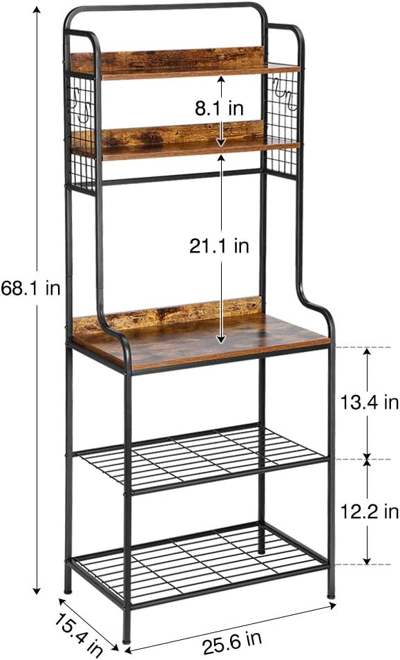 LANGRIA 5-Tier Baker’s Rack Industrial Microwave Oven Stand with Mesh Panels, 5 Shelves, 4 S-Hooks, for Spice Rack Organizer Workstation, Kitchen Utility Cart Storage Shelf Organizer, Rustic Brown - Standing Baker's Racks