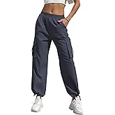Women's High Waisted Cargo Pants Baggy Trendy Hiking Parachute Pants with Pockets Y2K Cargo Trousers Drawstring Ankles