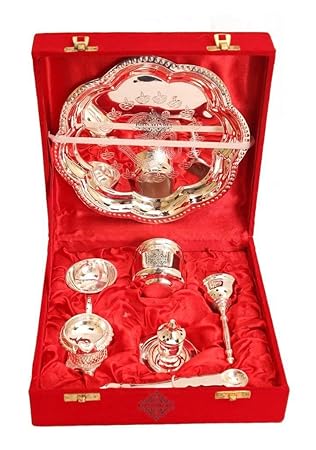 Indian Art Villa Om Design Silver-Plated Pooja Aarti Thali for Poojan Purpose -Set of 7 Pieces