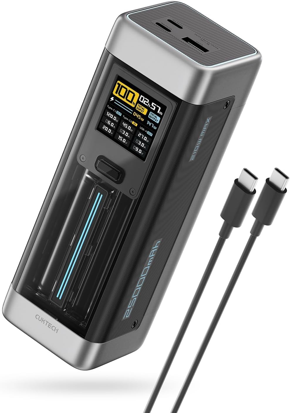 CUKTECH 20 Powerbank, 140W Power Bank 25.000mAh(5S1P) mit 3 Anschlüsse, PD3.1 externer Akku mit Digitales Display, Laptop Power Bank USB C für MacBook Pro, Xiaomi, Galaxy S23, iPhone15 Pro