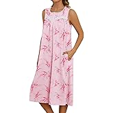 Bloggerlove Nightgowns for Women with Pockets Button Down Sleeveless House Dress Pleated Long Moomoo Nightgown Sleepwear