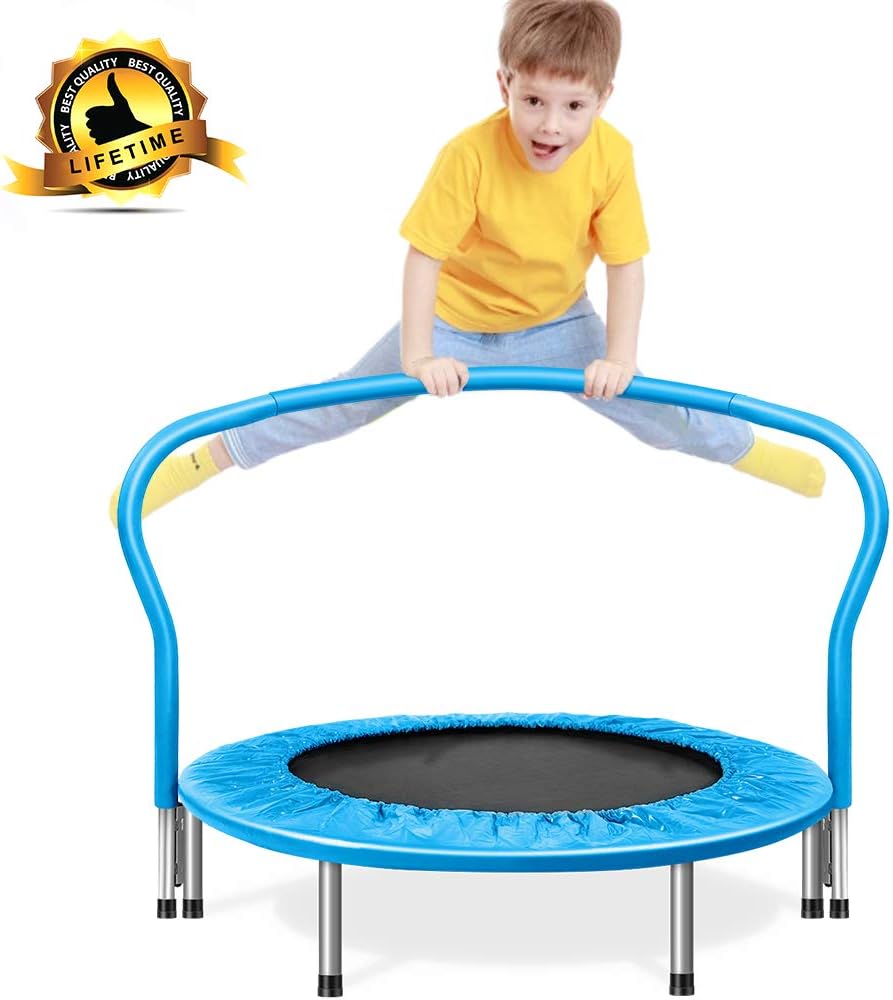 Shizzz, Kids Trampoline with bar,Foldable Mini Fitness Trampoline 36,38,45 inch with Safety Pad, Stable & Quiet Rebounder Indoor/Outdoor Max 180LBS