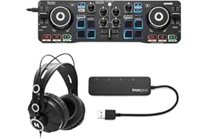 Hercules DJControl Starlight Pocket USB DJ Controller Bundle with Headphones and 4-Port USB 3.0 Hub (3 Items)
