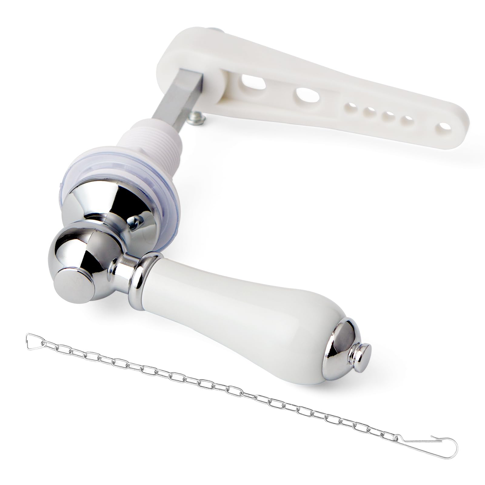 Weielt Ceramic Toilet Flush Handle Eeplacement Kit Zinc Alloy Metal Toilet Handle Replacement, Toilet Cistern Lever Arm with Chain - Adjustable Arm (White)