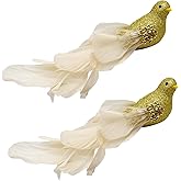 2pcs Christmas Tree Decorations Gold Glitter Birds Clip on Bird Ornaments 8" Artificial Birds with Feathers for Wreath Crafts Xmas Tree Decor