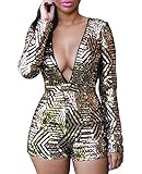 Roswear Women's Sequin Gold Deep V Neck Keyhole Back Romper Party Clubwear Dress Black Large