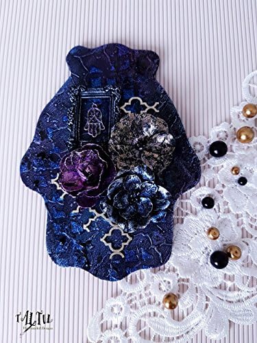 Handmade hamsa home wall decor art hanging style mixed media, flowers decal, home wall decor gift, steampunk scrap and craft, colors black, blue, silver and violet.