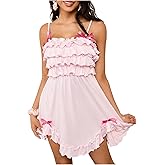 OYOANGLE Women's Frill Trim Layered Chemise Bow Spaghetti Strap Sleep Dress Sleeveless Nightgowns