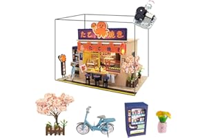 WYD Star Octopus Burning Japanese Style Takoyaki Shop Mini Doll House Kit Assembled LED Light Model Wind and Gift with Dust Cover and Music