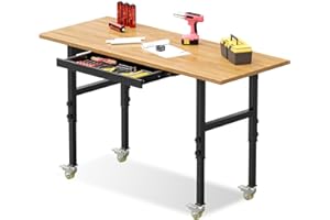 OAKANDO 60" Adjustable Work Bench Rubber Wood Top Rolling Heavy-Duty Worktable with Power Outlet and Drawer Wheels 2200 Lbs Capacity Hardwood Workstation for Garage, Workshop, Office, Home