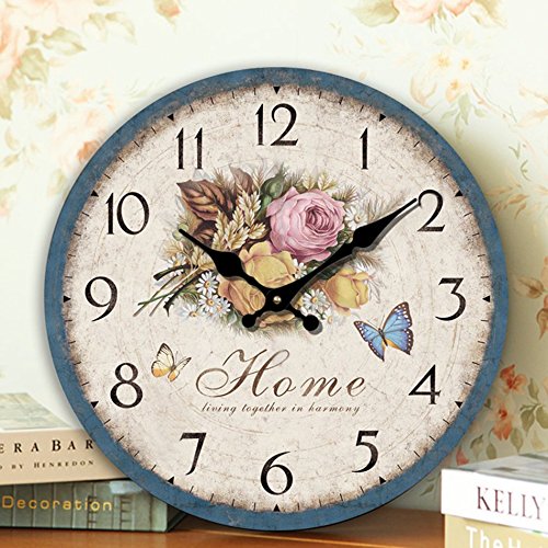 Eruner Romantic Sweet Roses Clock, 12" Rustic Floral Style Wall ClockHome Wooden Art Decor Non-Ticking Bedroom Study Desk Home Decoration(C-60)