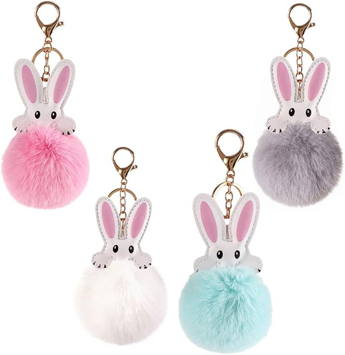 4 Pack Rabbit Pom Poms Keychain For Girls Fluffy Ball Keyring Faux Fur Pompoms